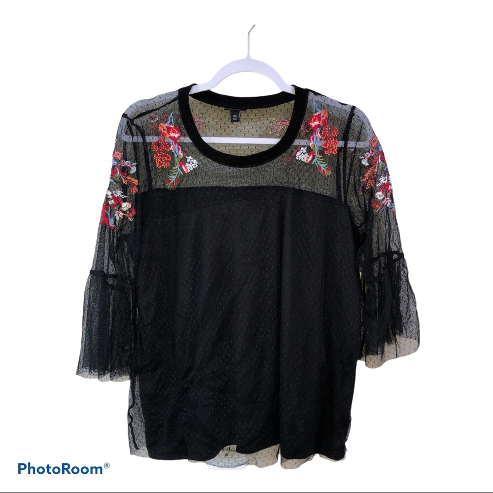 Torrid Black Mesh Floral Embroidered Blouse